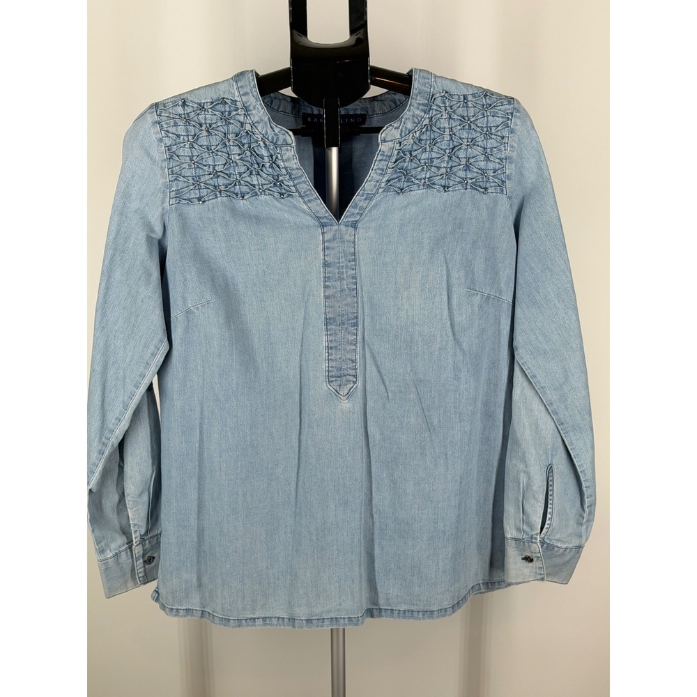 Bandolino Womens Blue Chambray Smocked Beaded Split Neck Blouse Top Small